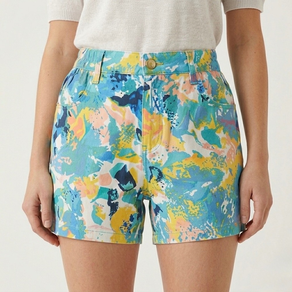 Women's Tropical Floral Abstract Print Shorts Elastic Waist M Summer Colorful
